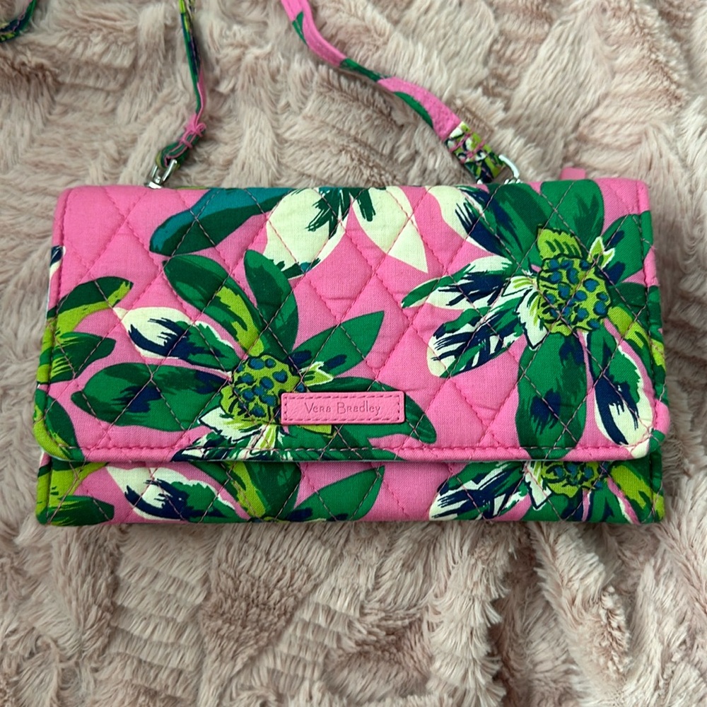 Vera Bradley cross body wallet bag pin and green floral with wristlet strap.